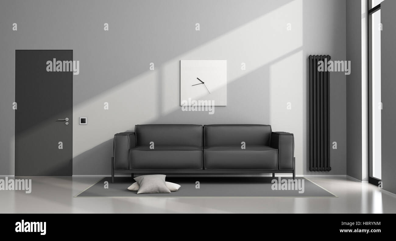 Minimalistischen Wohnzimmer mit schwarzen Sofa und geschlossener Tür - 3d rendering Stockfoto