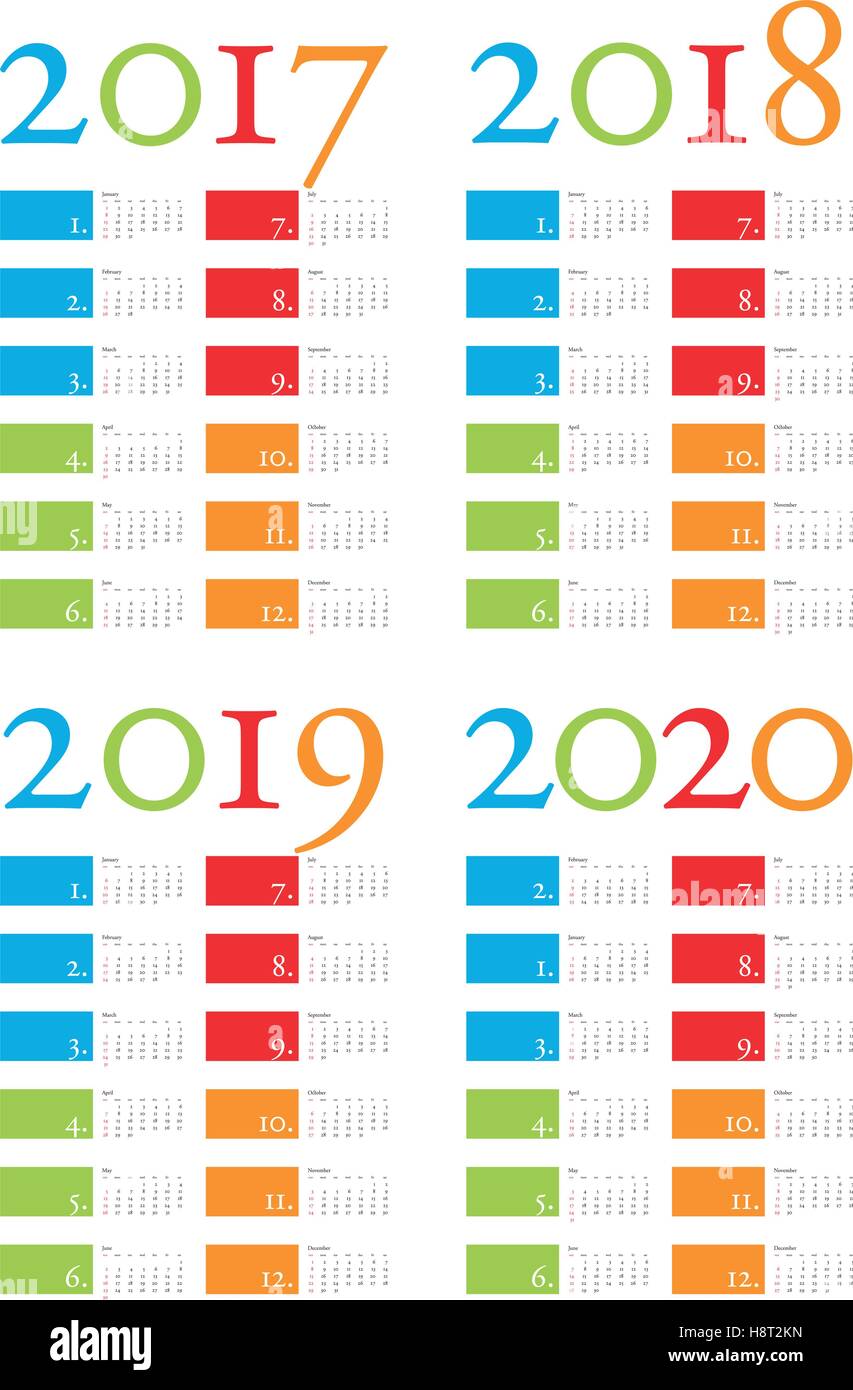 Bunten und eleganten Kalender für die Jahre 2017, 2018, 2019 und 2020 im Vektor-format Stock Vektor