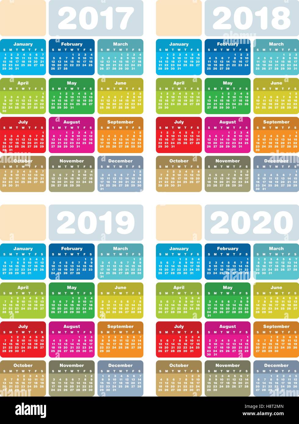 Bunten Kalender für die Jahre 2017, 2018, 2019 und 2020 im Vektor-Format. Stock Vektor