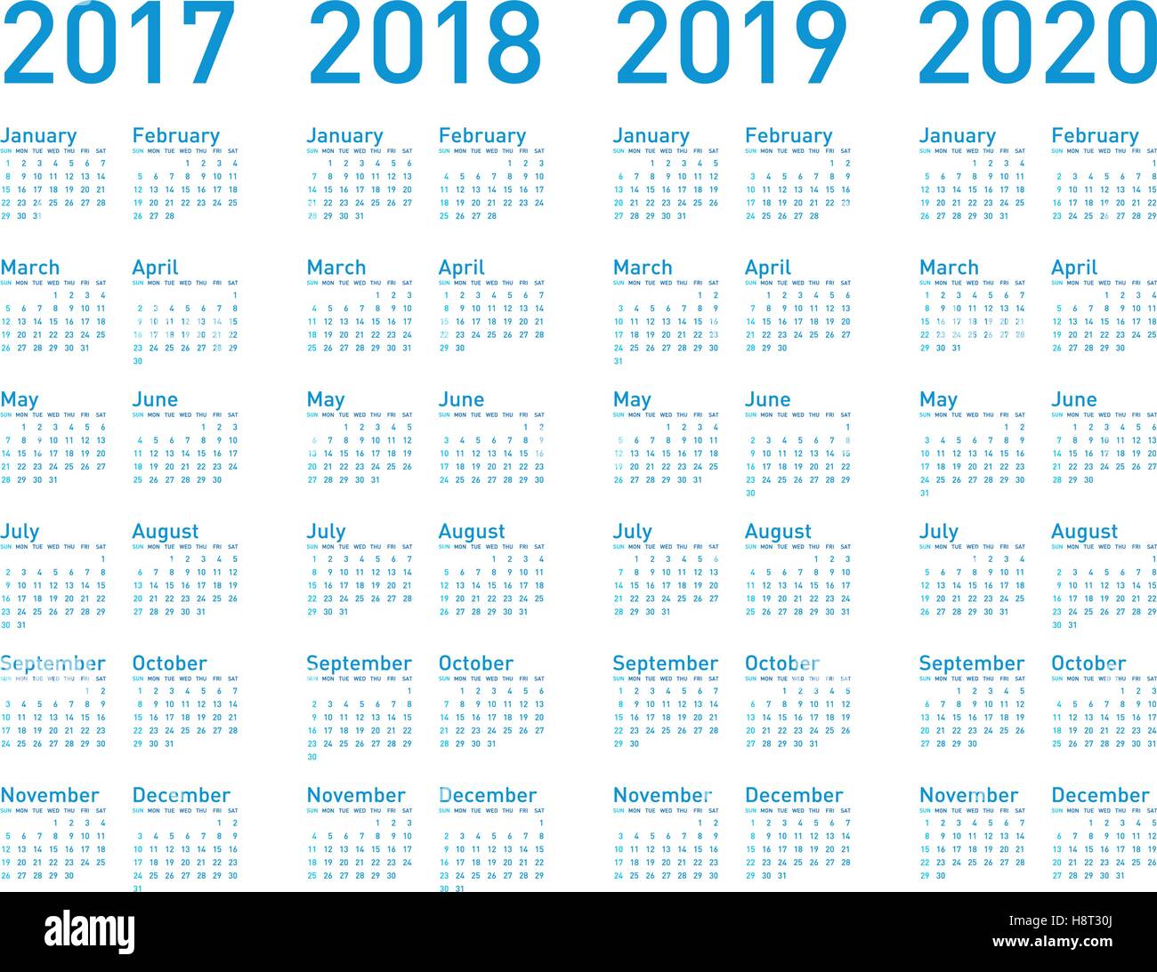 Einfache blaue Kalender für die Jahre 2017, 2018, 2019 und 2020 im Vektor-Format. Stock Vektor