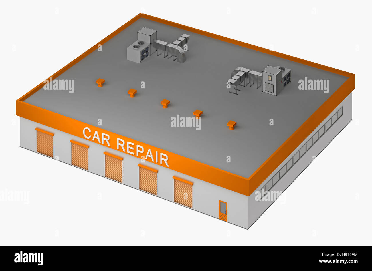 Gebäude für die Reparatur des Autos. isoliert auf weiss. 3D-Rendering Stockfoto