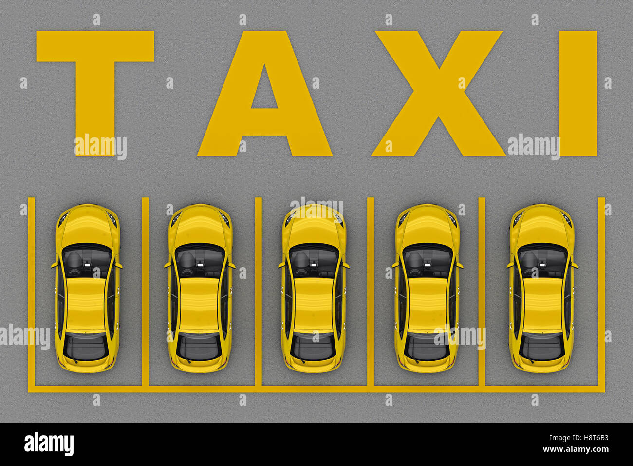 Parkplatz mit Taxis Draufsicht 3D-Rendering Stockfoto