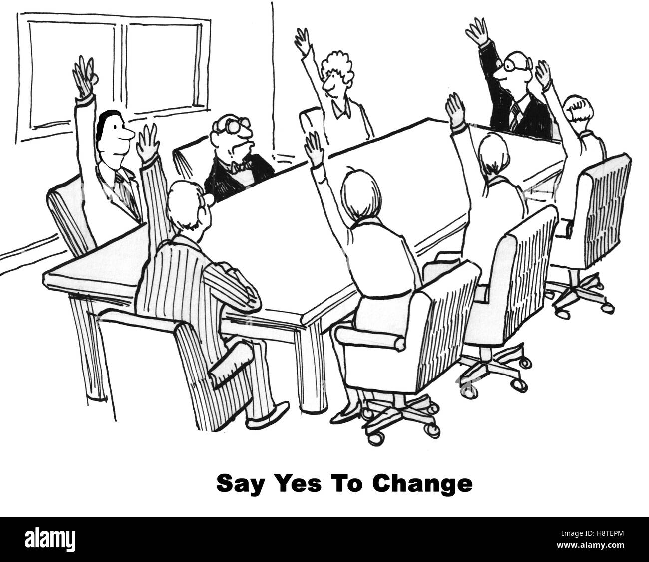 Schwarz / weiß Geschäft Zeichentrickfilm über Zustimmung und auf Veränderung nicht einverstanden. Stockfoto