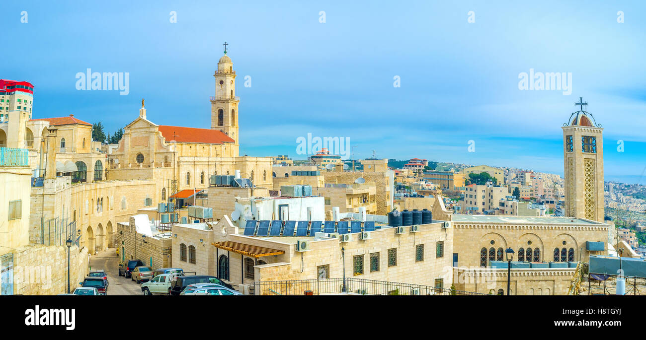 Die Bethlehem ist eine ungewöhnliche arabische Stadt, wegen der großen Zahl von Kirchen im Zentrum, Palästina, Israel. Stockfoto