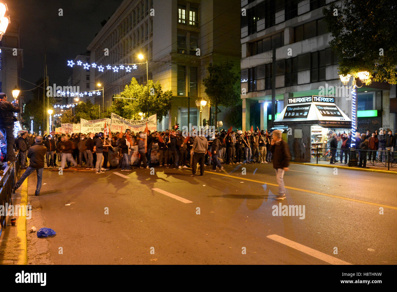 Linke Demonstranten Demonstration gegen den Besuch von US-Präsident Barack Obama, in Athen, Griechenland Stockfoto