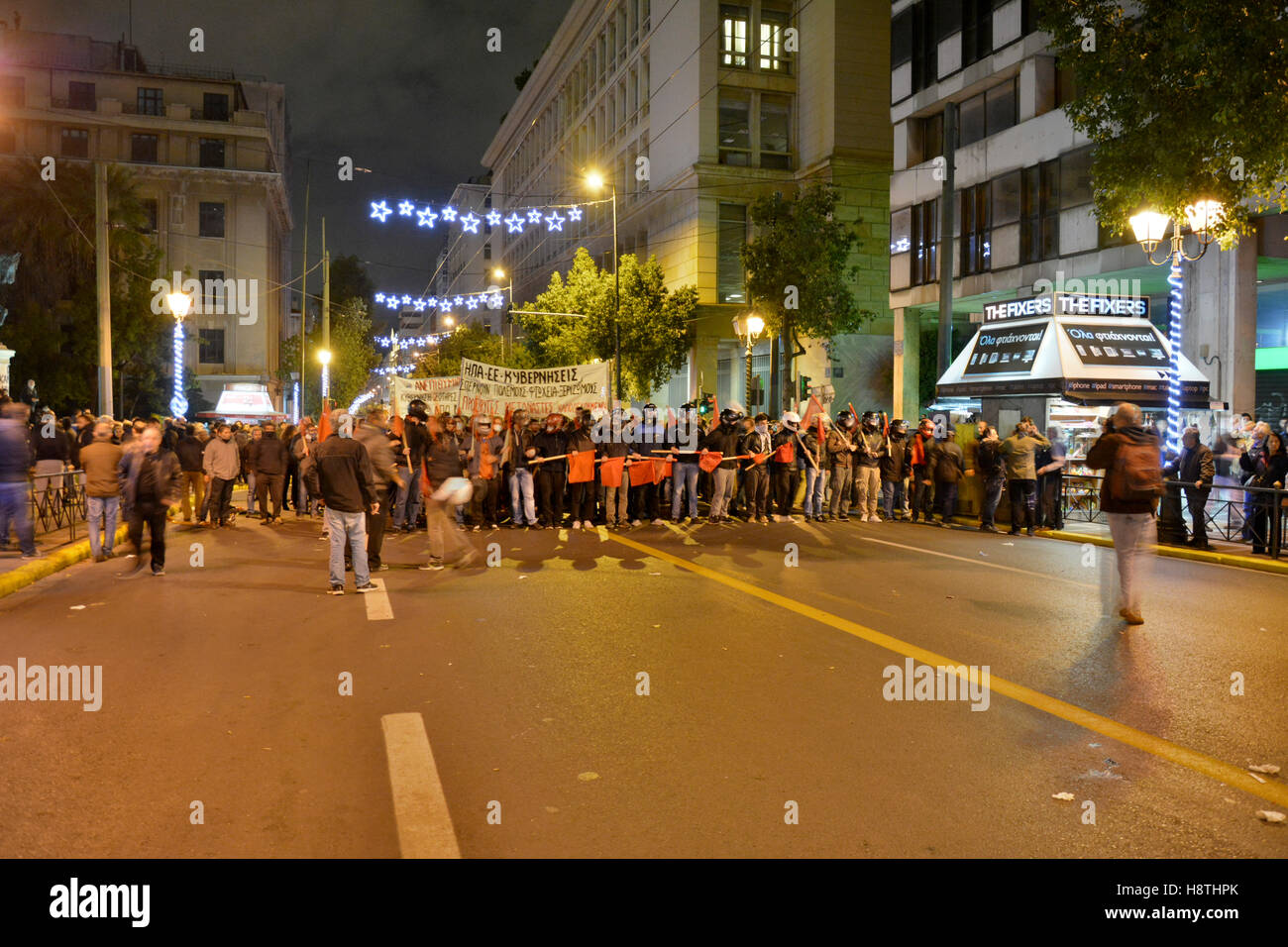 Linke Demonstranten Demonstration gegen den Besuch von US-Präsident Barack Obama, in Athen, Griechenland Stockfoto