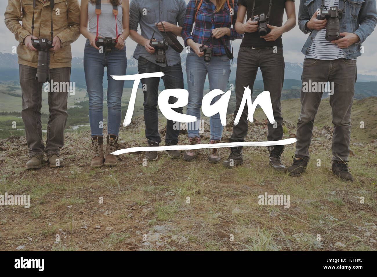 Teamgedanke Freunde Teamwork Fotografen Stockfoto