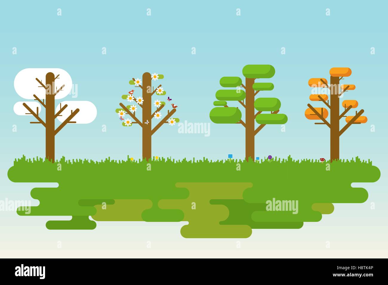 Flache und einfache Darstellung der vier Saison-Bäume. Stock Vektor