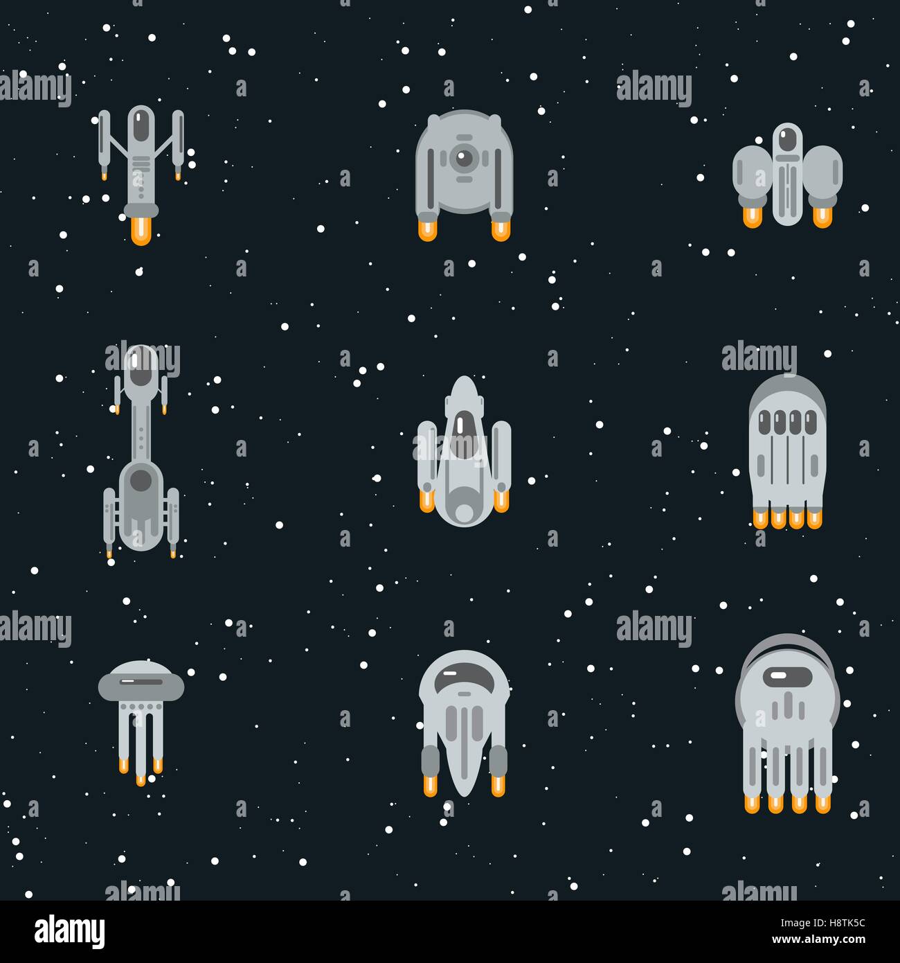 Flache Sci-Fi-futuristischen Außerirdischen Raumschiffe, fliegen durch Kosmos mit Warp-Triebwerke. Stock Vektor