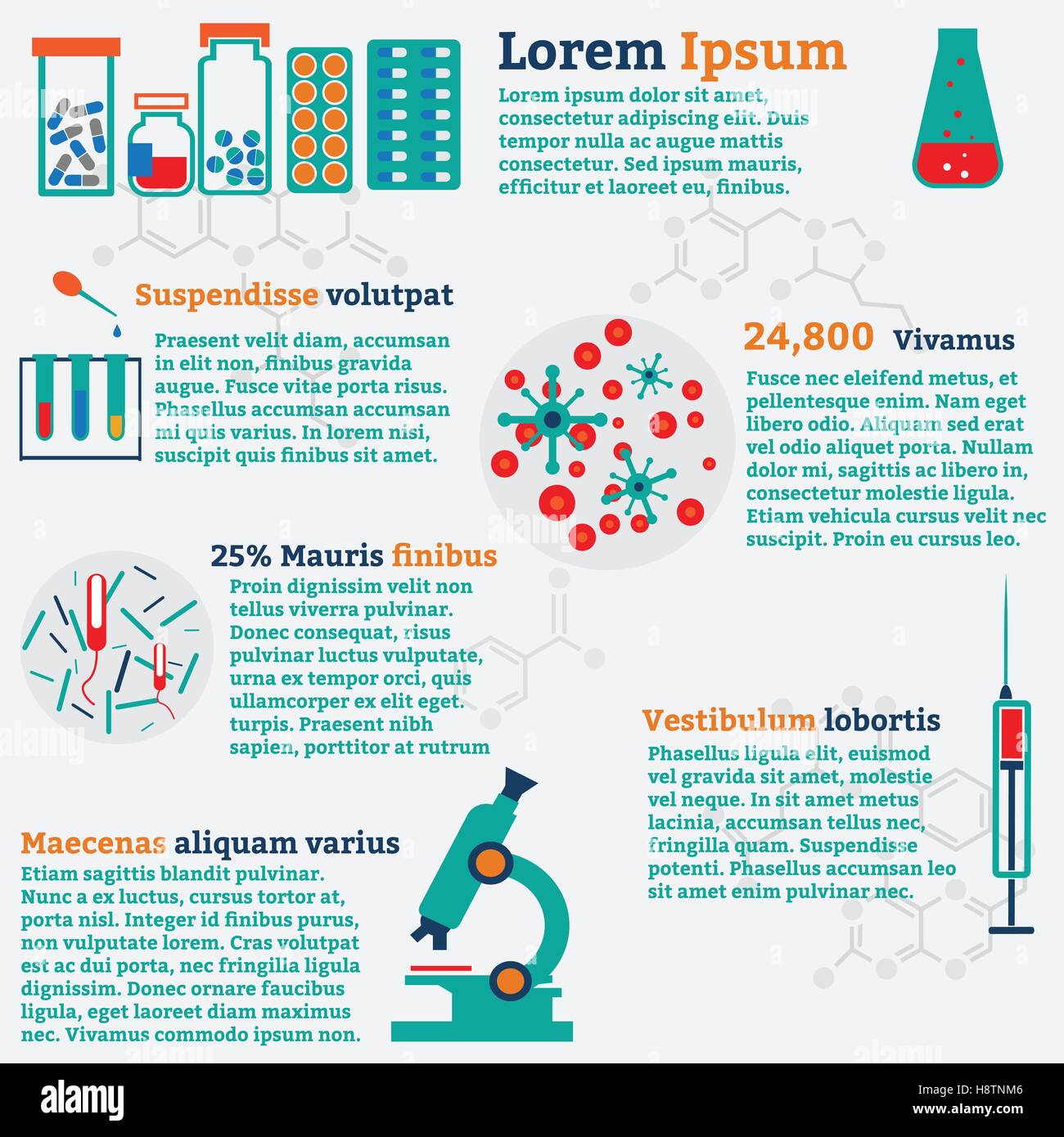 Flache medizinische Infografik Symbole mit Text und Wissenschaft Hintergrund. Stock Vektor