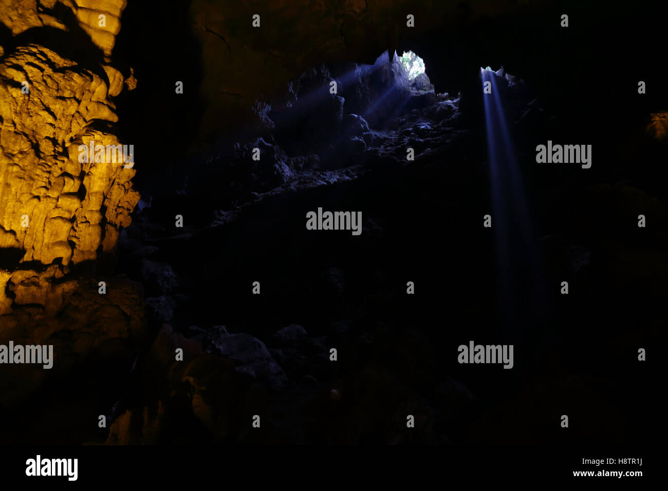 Lichtstrahl in Dong Thien Cung Höhle, Halong Bay, nördlich von Vietnam. Stockfoto