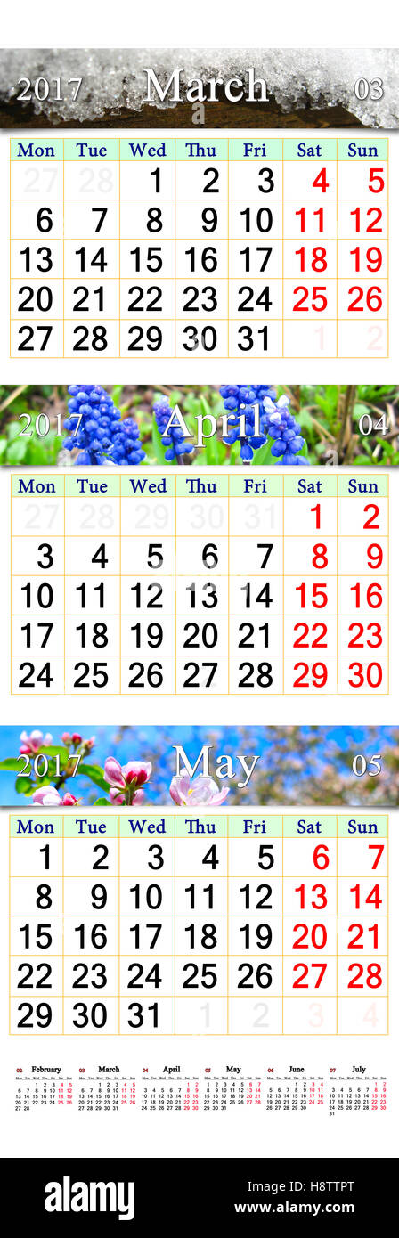 Dreifache Bürokalender für März April und Mai 2017 mit Foto der Natur Stockfoto