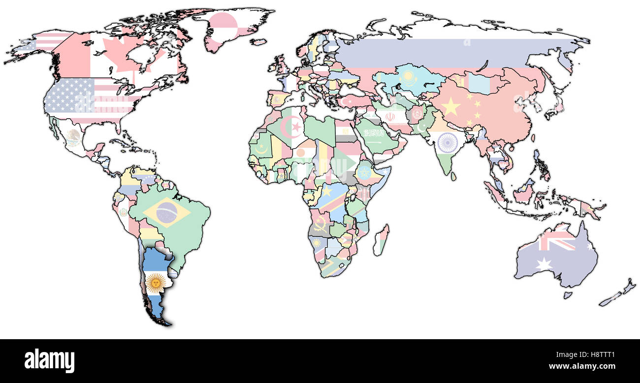alte politische Landkarte der Welt mit Flagge Argentiniens Stockfoto