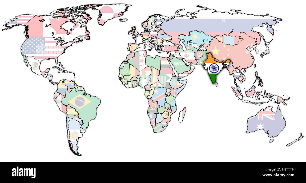 alte politische Landkarte der Welt mit Flagge Indiens Stockfoto