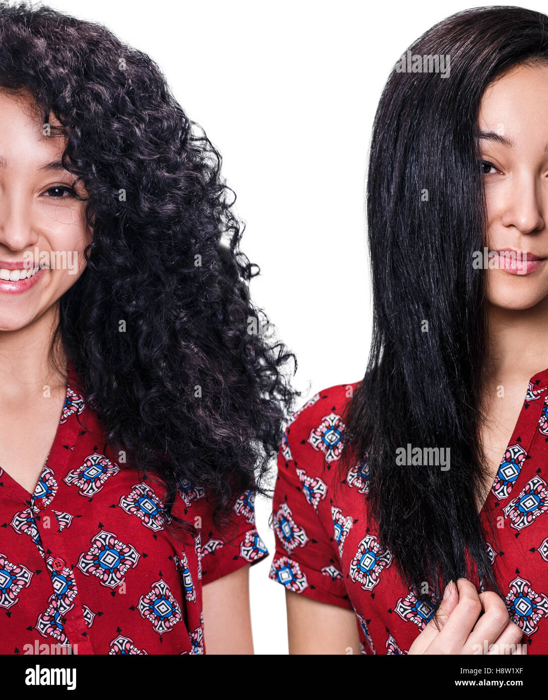 Haare vor und nach der Begradigung Stockfoto