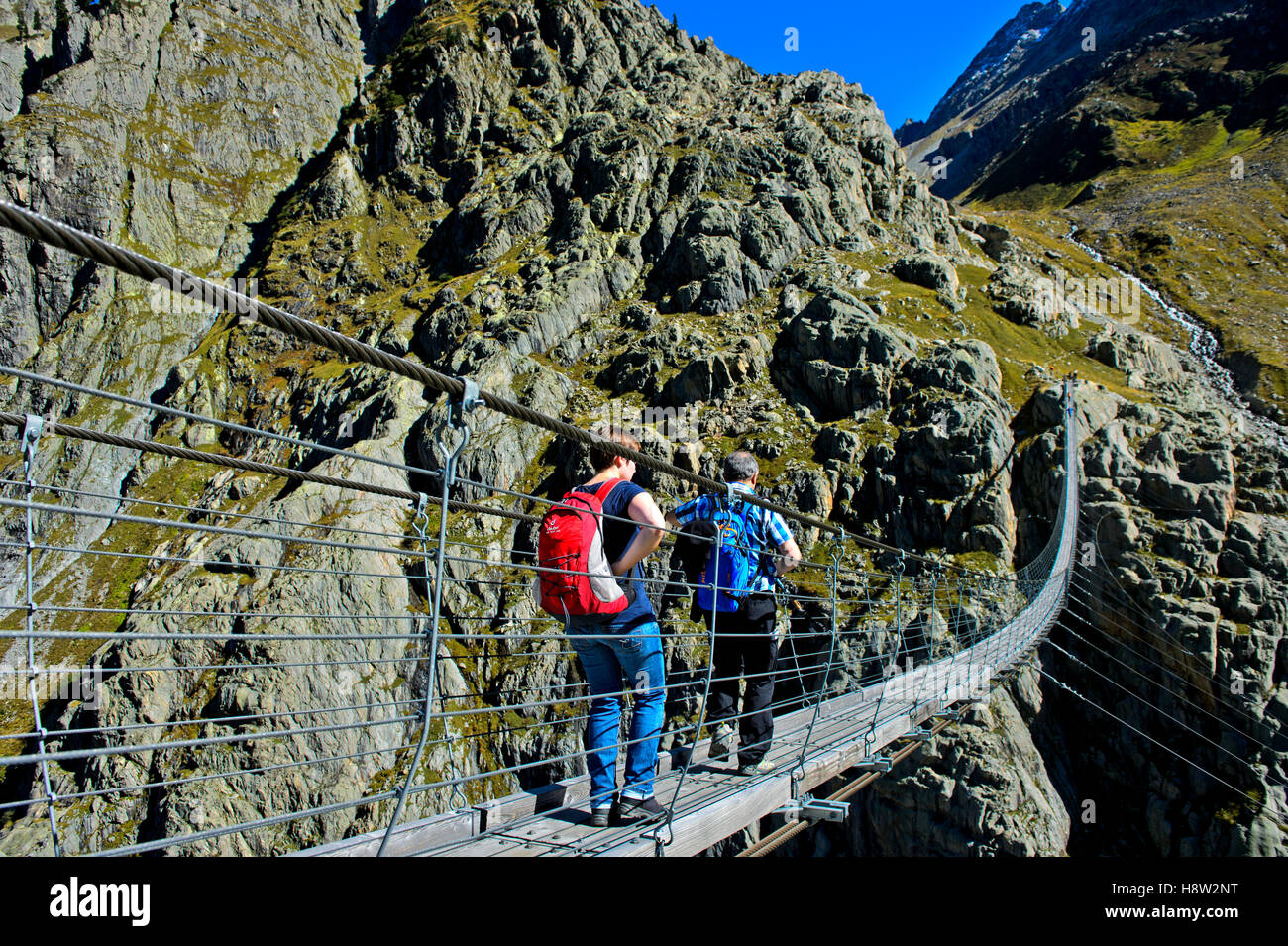 Trift Brücke, die längste Fußgängerzone Hängebrücke Trift Schlucht, Gadmer Tal, Gadmen, Schweizer Alpen, Kanton Bern Stockfoto