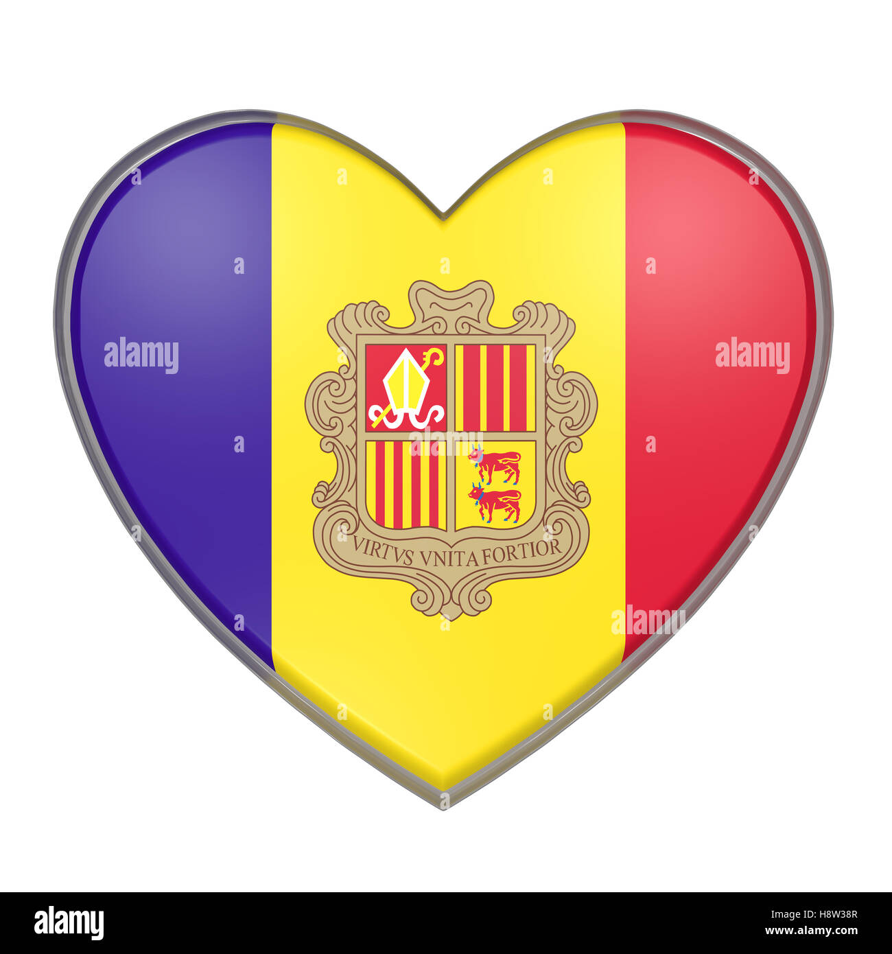 3D-Rendering einer Fürstentum Andorra Flagge am Herzen. Weißem Hintergrund Stockfoto