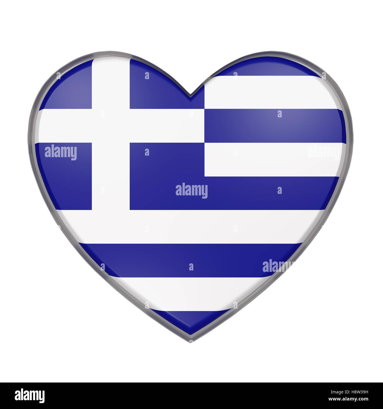3D-Rendering einer Griechenland-Flagge am Herzen. Weißem Hintergrund Stockfoto