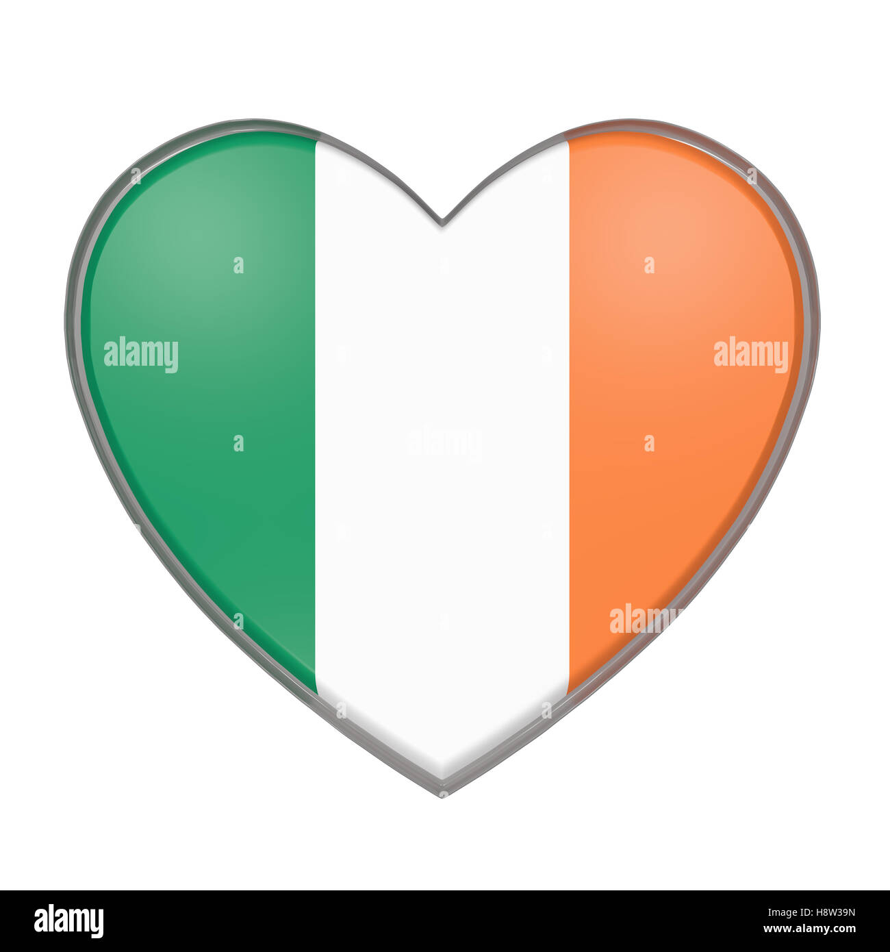 3D-Rendering einer Irland-Flagge am Herzen. Weißem Hintergrund Stockfoto
