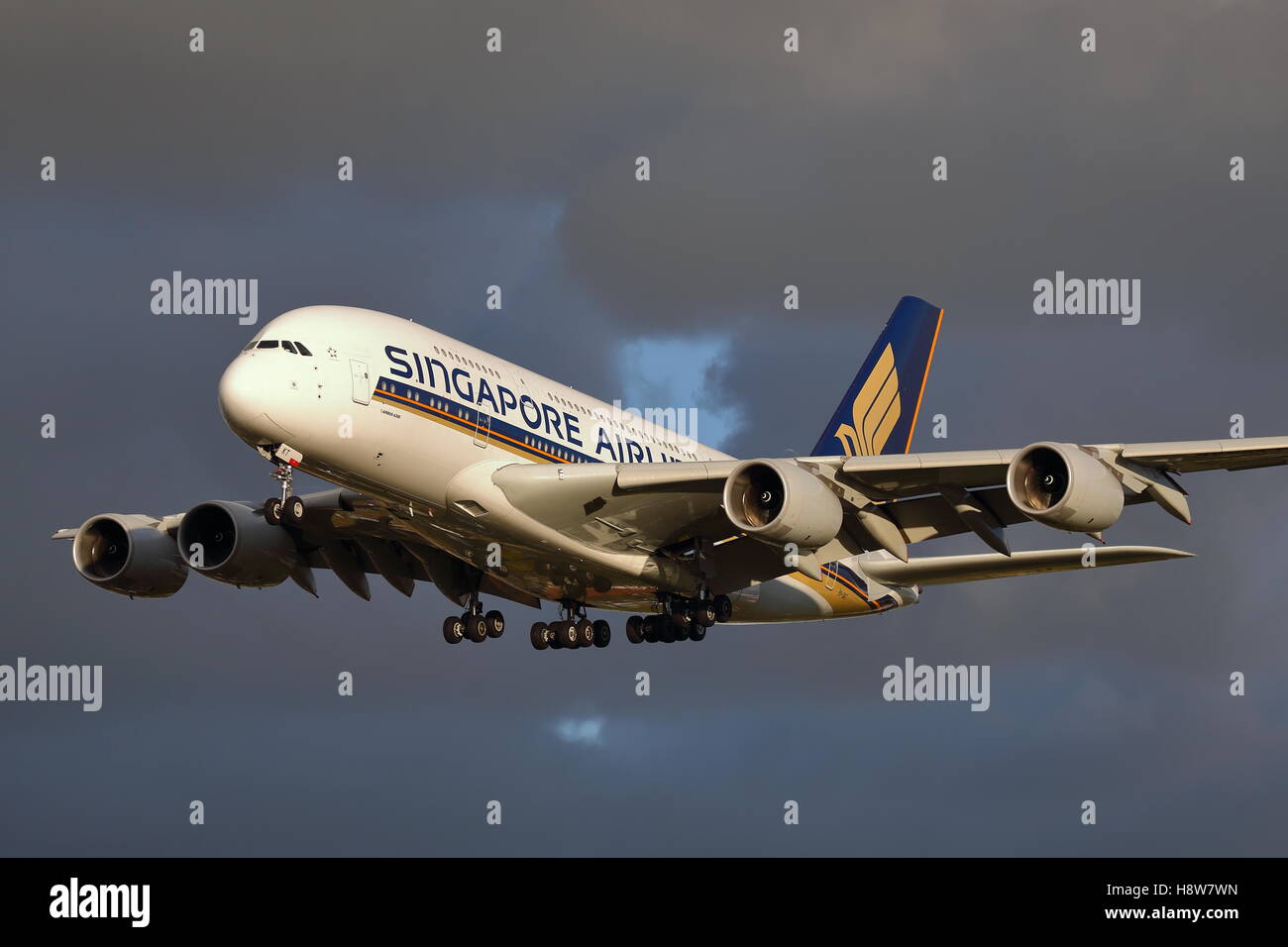 Singapore Airlines Airbus A380-Landung am Flughafen London Heathrow, Vereinigtes Königreich Stockfoto