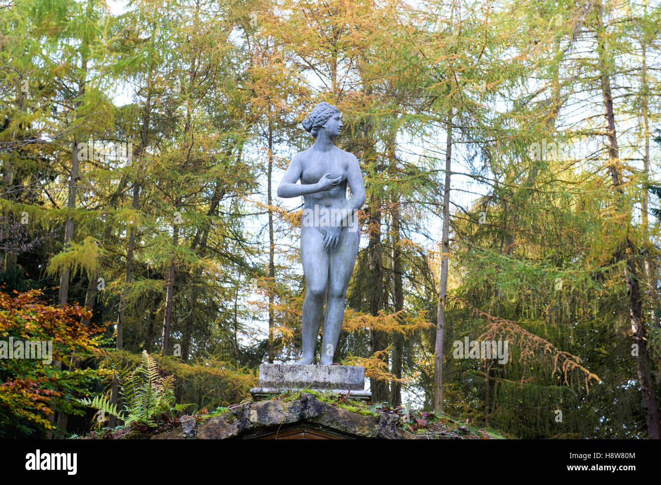 Statue der Venus im Herbst beim Rousham House and Garden, Oxfordshire, England Stockfoto