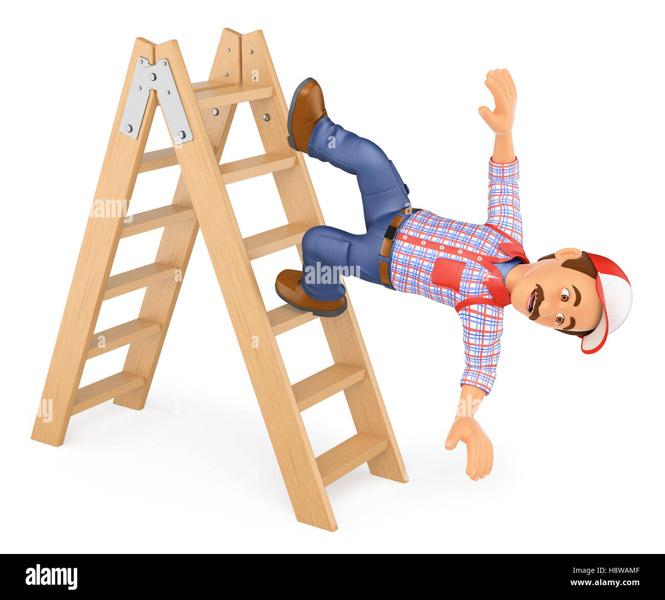 arbeitenden Menschen 3D-Illustration. Arbeiter fällt von einer Leiter. Arbeitsunfall. Isolierten weißen Hintergrund. Stockfoto