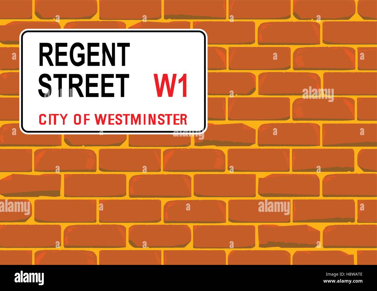 Der Straßenname Zeichen von Regent Street West One auf einer roten Backsteinmauer Stock Vektor