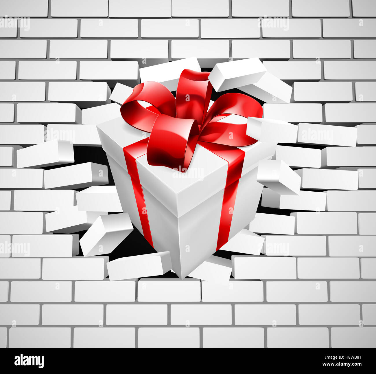 Eine weiße Geschenk oder mit rotem Band und Bogen ein Loch durch eine weiße Mauer Stockfoto