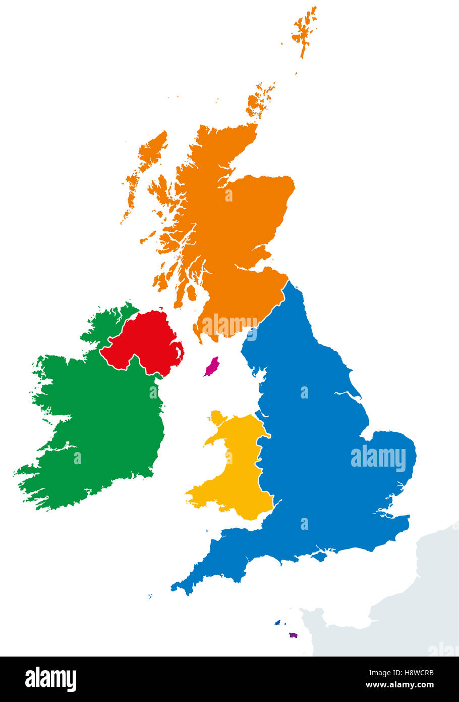 Britischen Inseln Länder Silhouetten Karte. Irland und Großbritannien Länder England, Schottland, Wales und Nordirland. Stockfoto