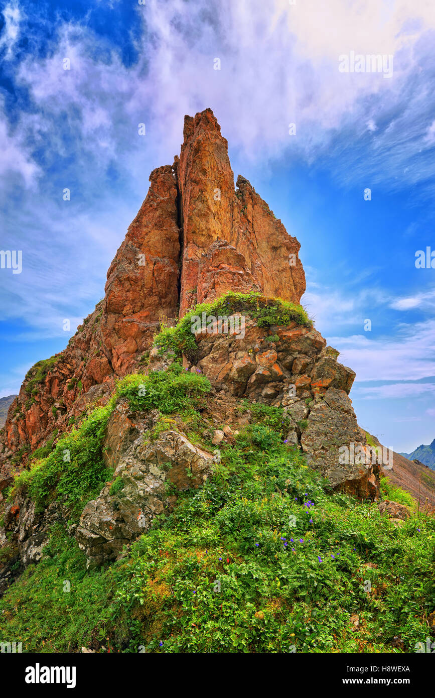 Spitzen steilen roten Felsen auf Wasserscheide Grat. Unten stehend finden Sie eine typische Vegetation der alpinen Wiesen in Südsibirien. Östlichen Sayan. Russ Stockfoto