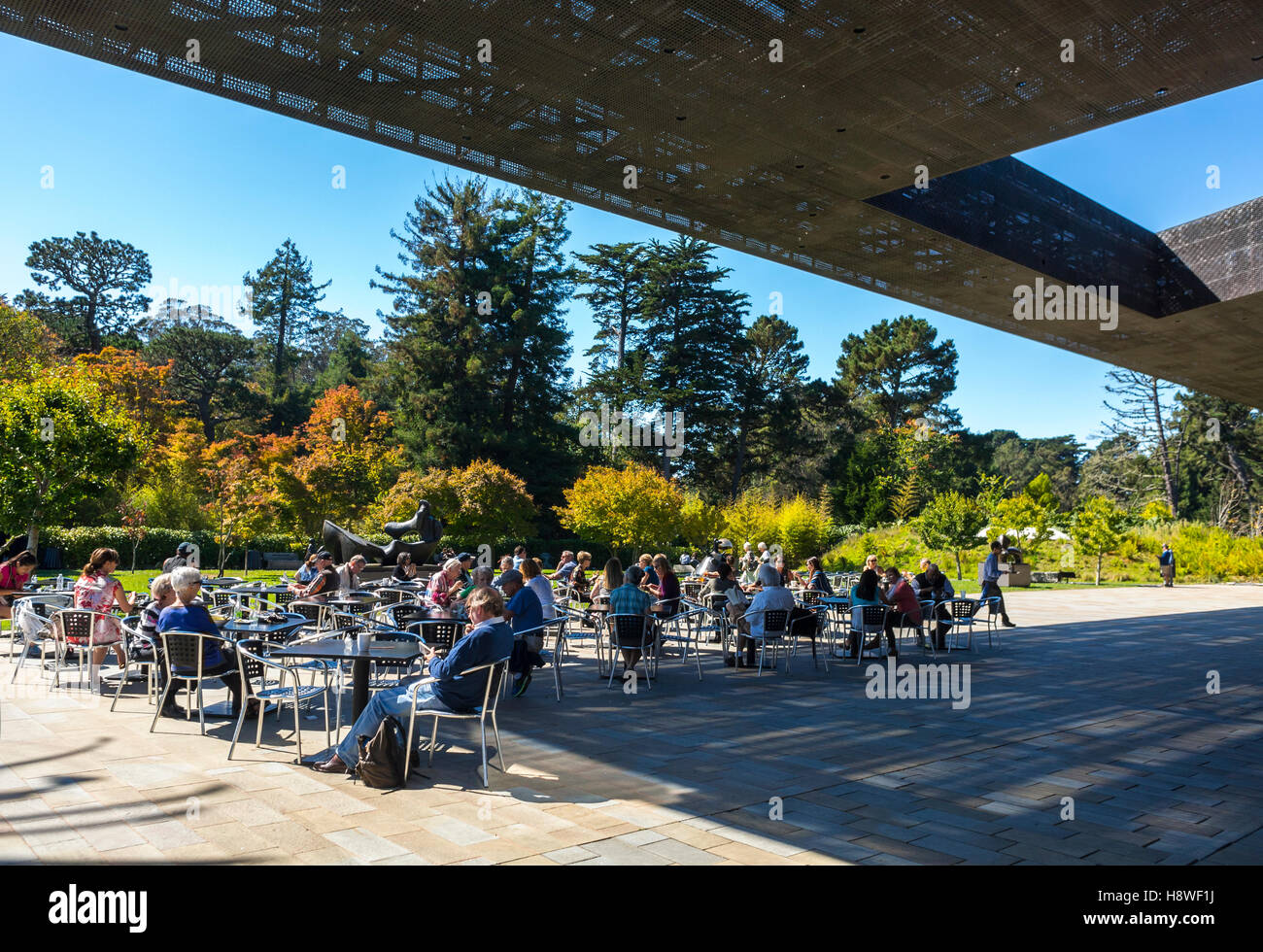 San Francisco, CA, USA, Menge teilen Getränke auf American Cafe Terrasse, öffentlichen Museum, De Young, moderne Kunst im Golden Gate Park Stockfoto