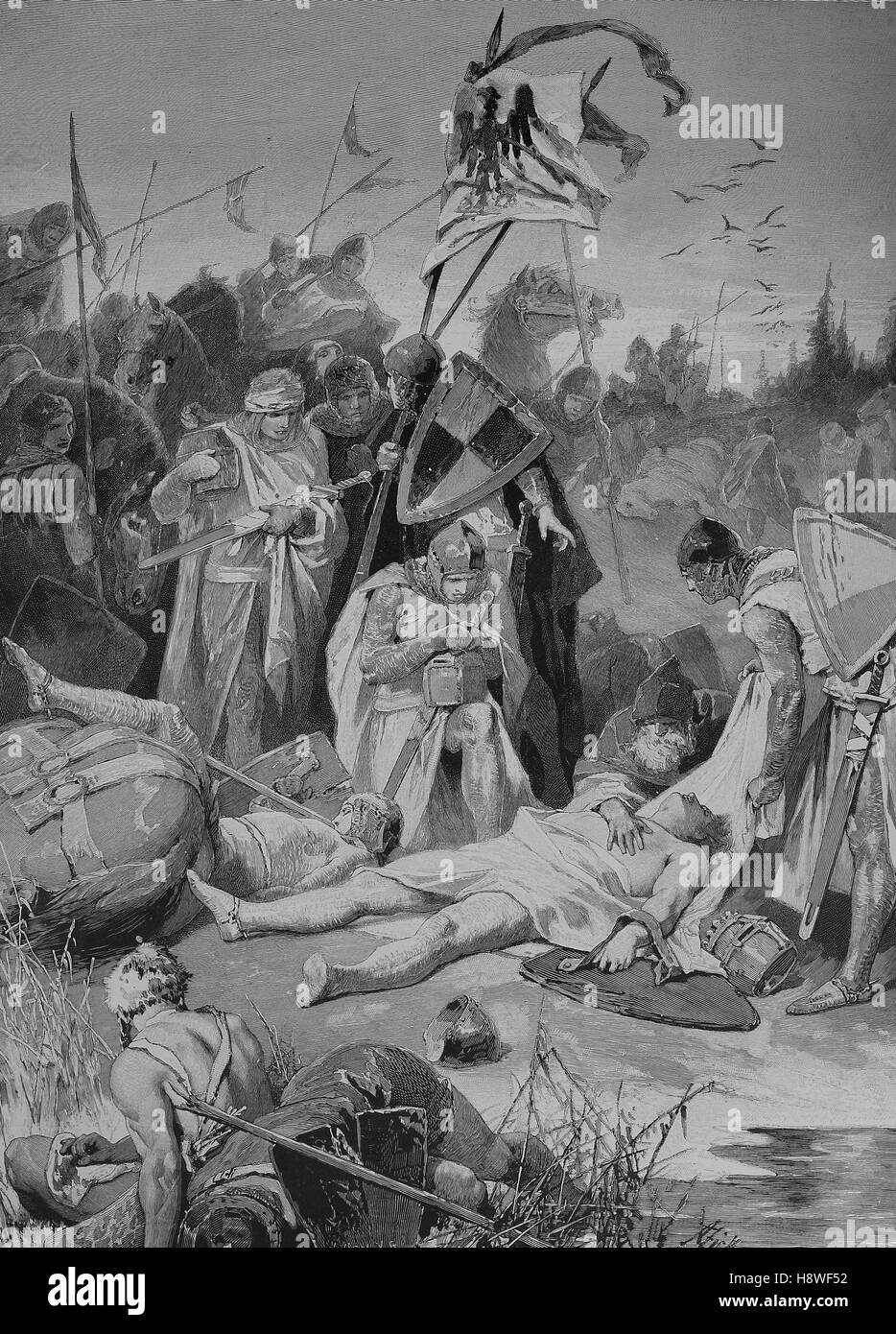 Schlacht auf dem Marchfeld, March Field at Duernkrut und Jedenspeigen fand am 26 August 1278. Rudolf i., auch bekannt als Rudolf von Habsburg, Rudolf von Habsburg und dem Tod Ottokar II, der Eisen- und Golden King Stockfoto