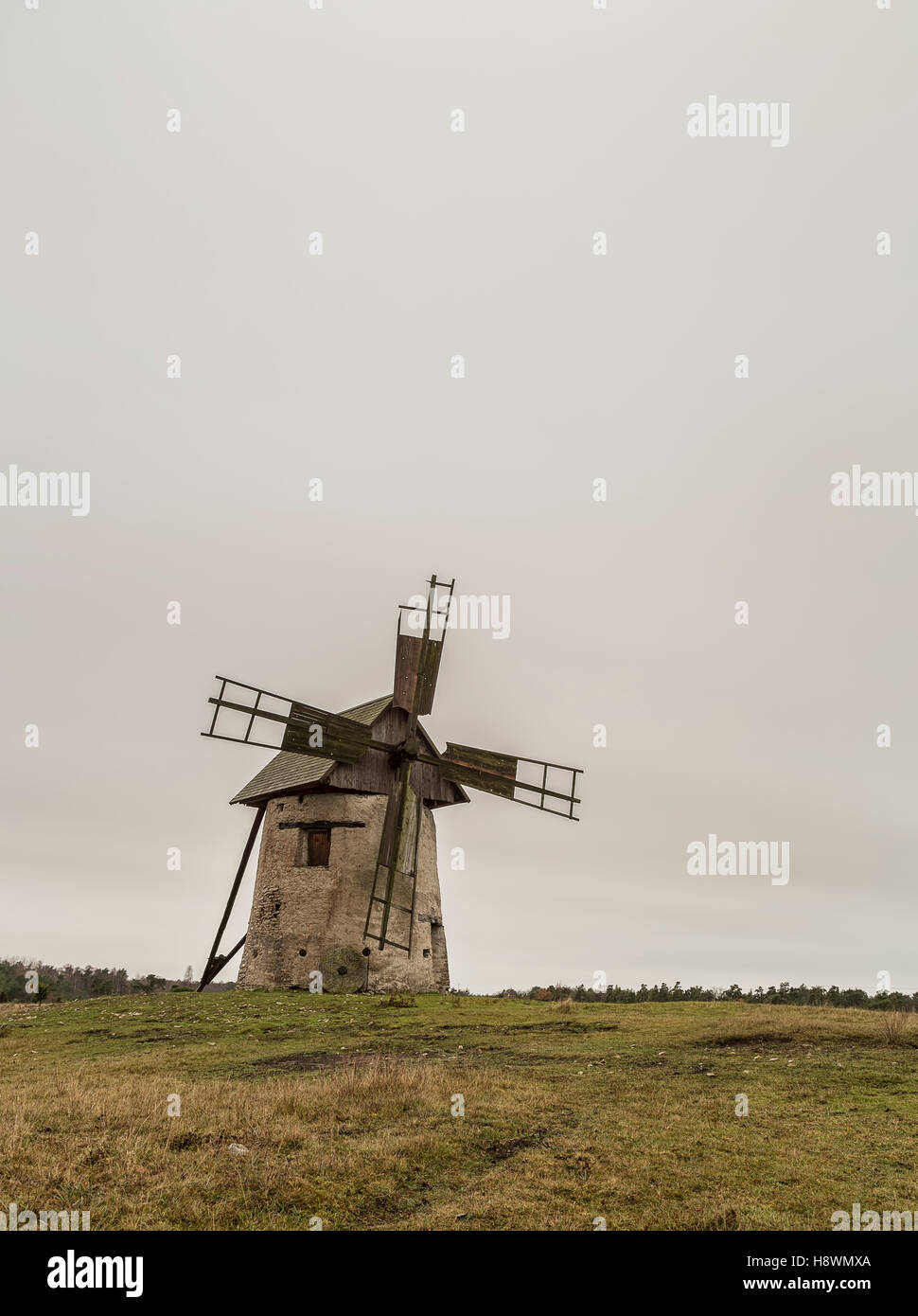 Windmühle auf Feld auf Gotland, Schweden. Stockfoto