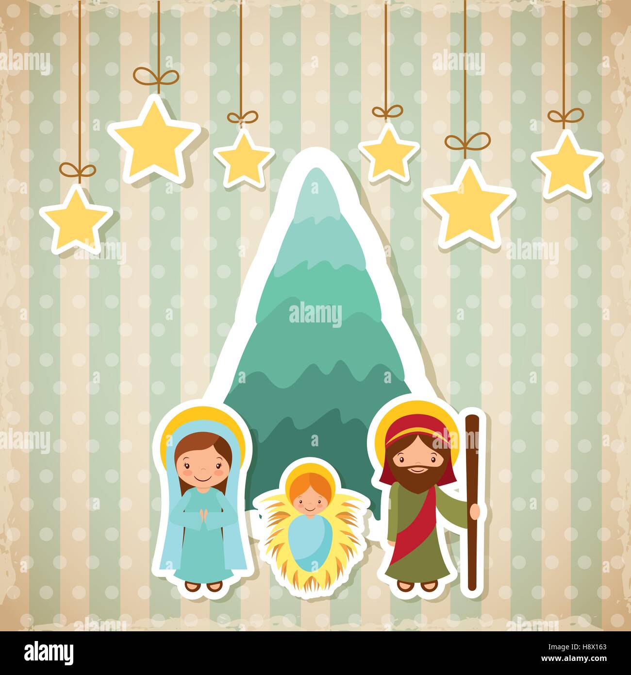 Heilige Familie Krippe mit dekorativen Sternen hängen. Frohe Weihnachten bunten Design. Vektor-illustration Stock Vektor