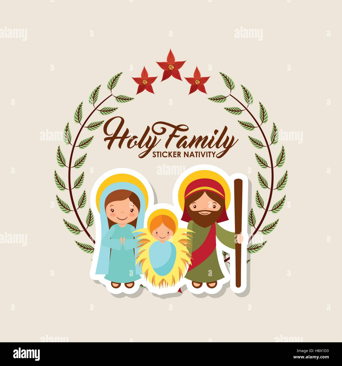 Heilige Familie Krippe Szene Aufkleber Geburt. Frohe Weihnachten bunten Design. Vektor-illustration Stock Vektor