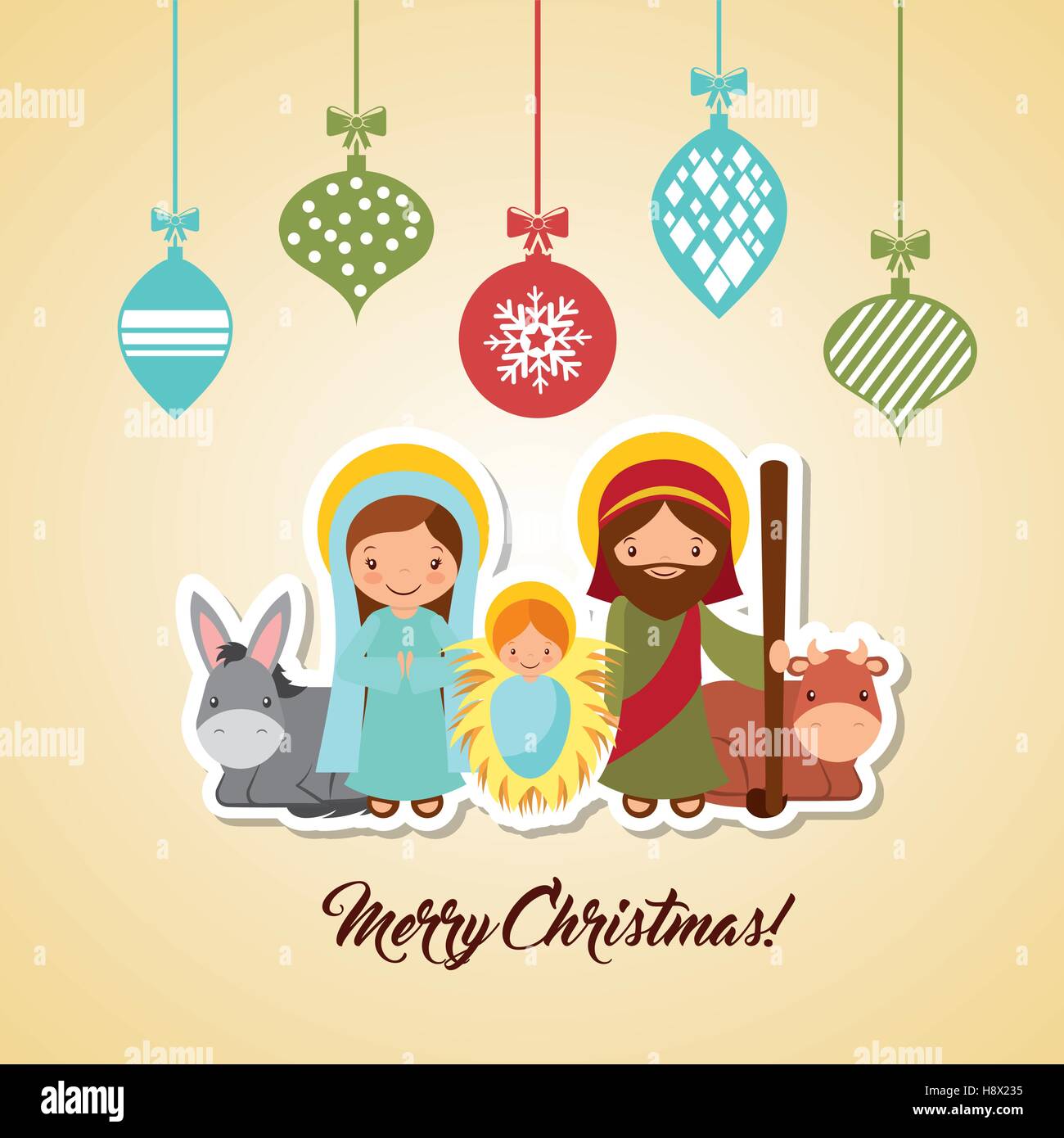 Heilige Familie Krippe mit dekorativen Kugeln hängen. Frohe Weihnachten bunten Design. Vektor-illustration Stock Vektor