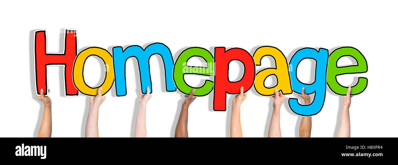 Gruppe von Händen mit Wort-Homepage Stockfoto