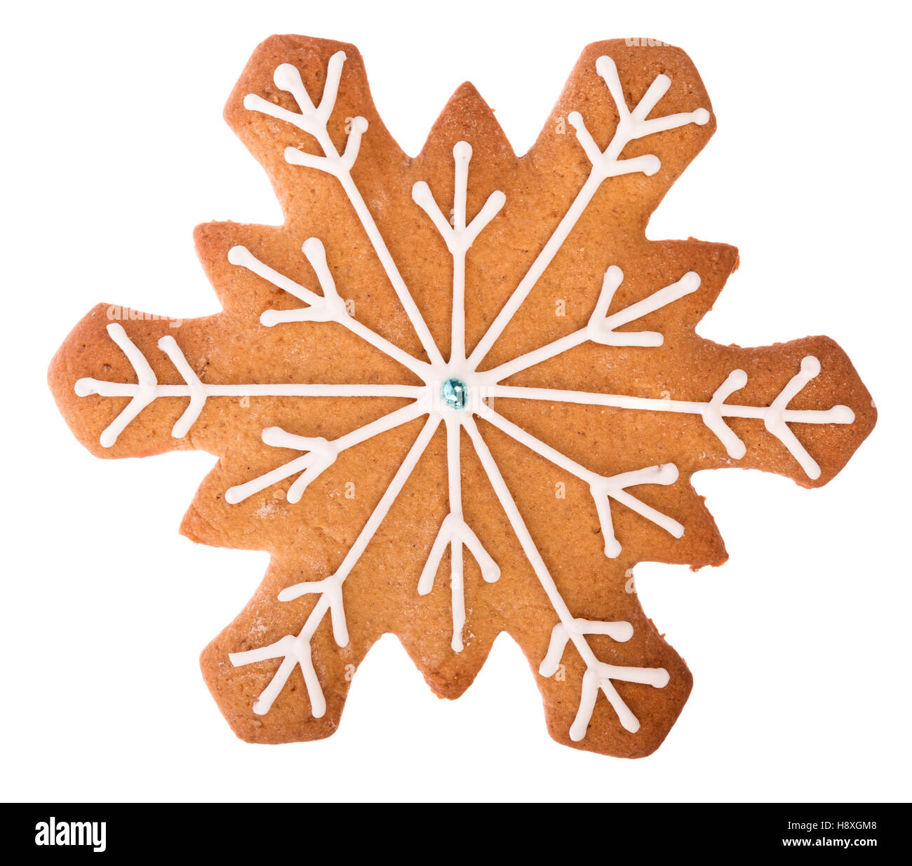 Schöne und leckere Lebkuchen Weihnachten Lebkuchen Schneeflocke auf weißem Hintergrund Stockfoto