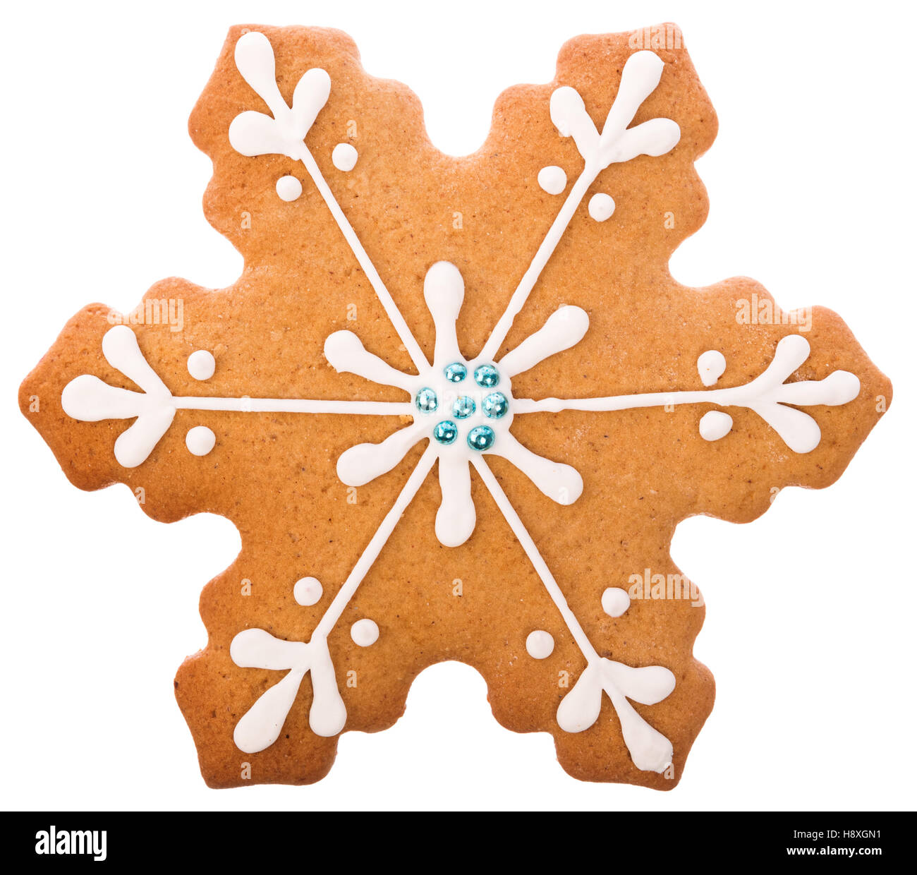 Schöne und leckere Lebkuchen Weihnachten Lebkuchen Schneeflocke auf weißem Hintergrund Stockfoto