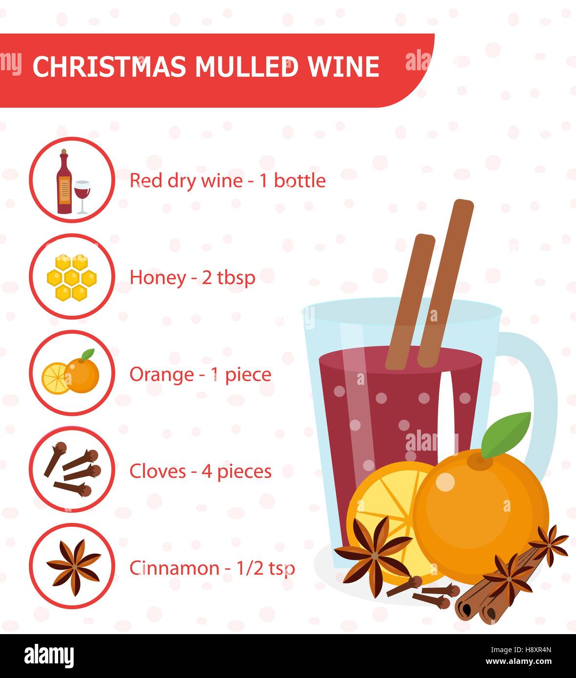Christmas cocktail. Glühwein Wein Rezept mit Zutaten. Warme Winter-Getränk. Vektor-illustration Stock Vektor