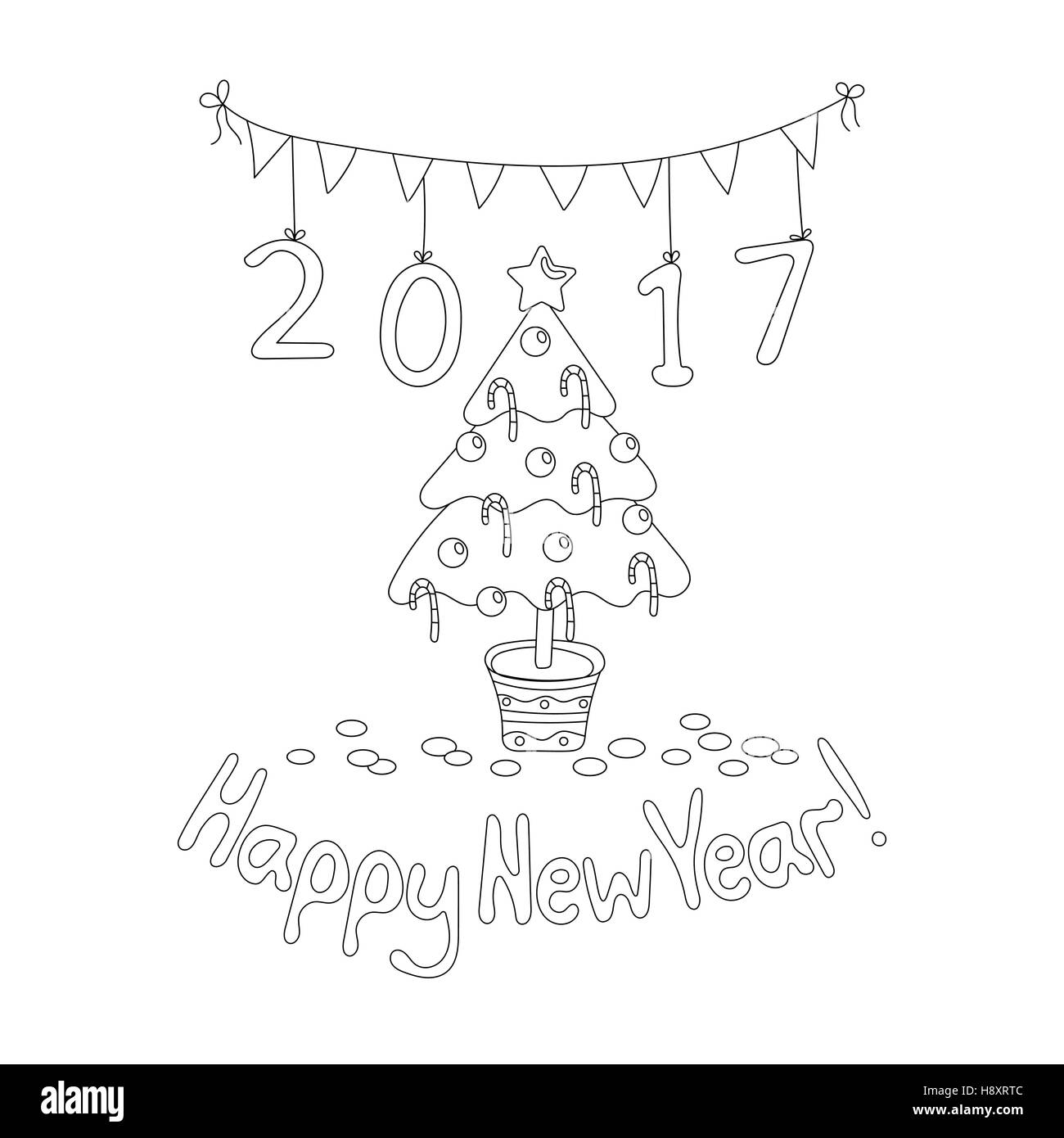 Glückliches Neujahr Grußkarte mit Fichte. Coloring Book Seite. Stock Vektor