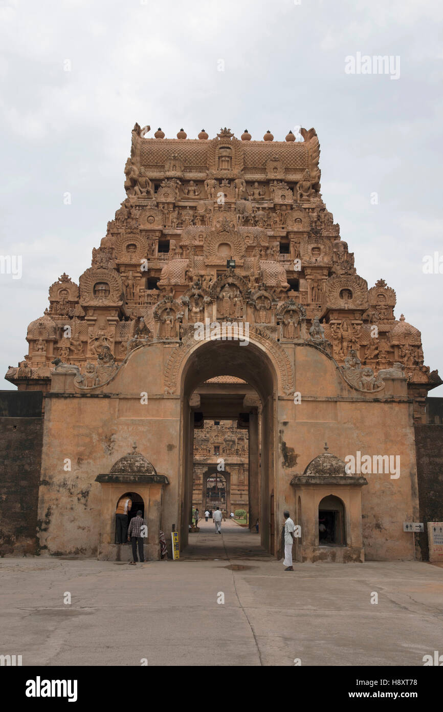 Maratha Eingang, erste Einfahrt, Brihadisvara-Tempel, Thanjavur, Tamil Nadu, Indien. Stockfoto