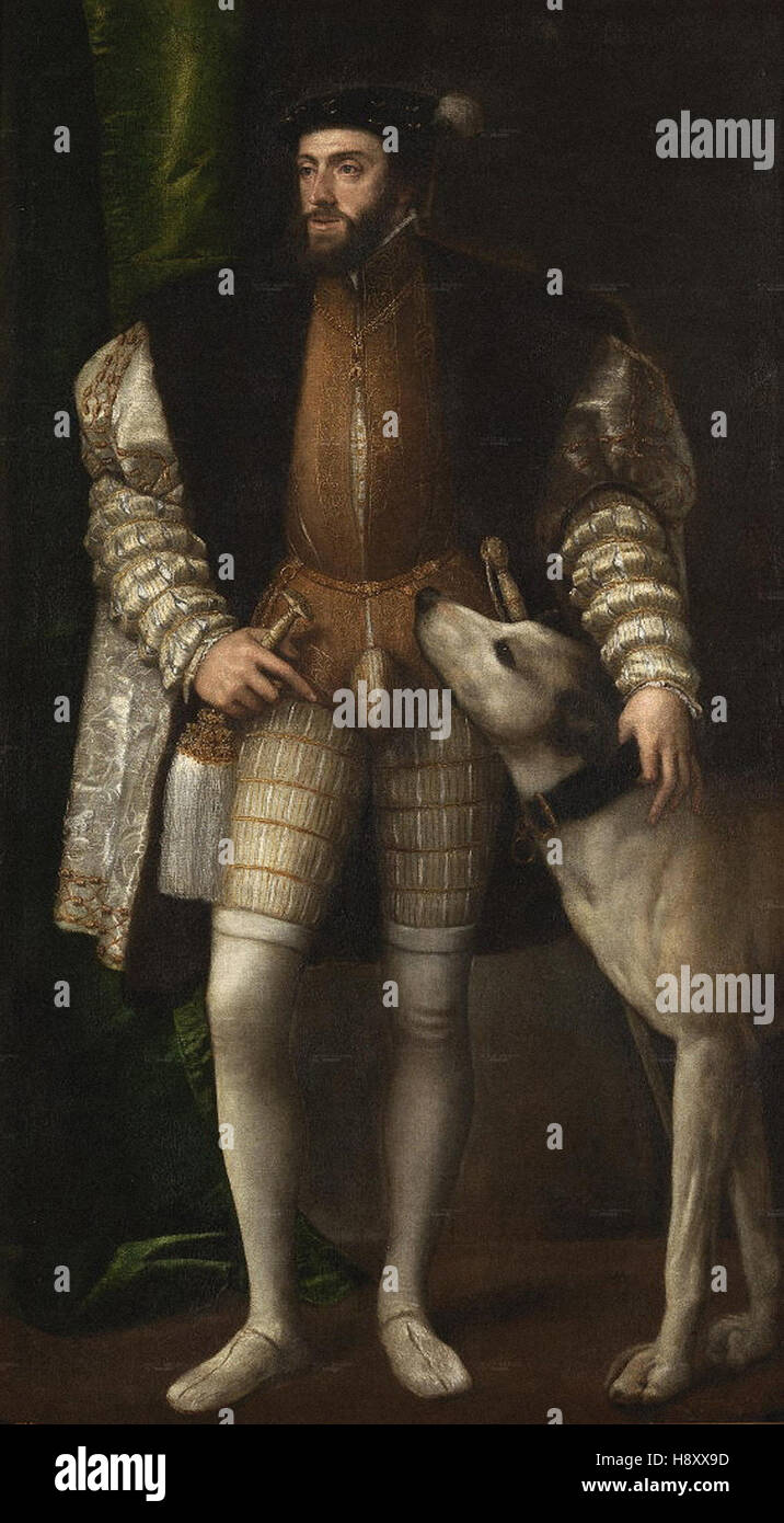 Tiziano Vecellio - Le Titien - El Emperador Carlos V con un Perro - 1533- Stockfoto