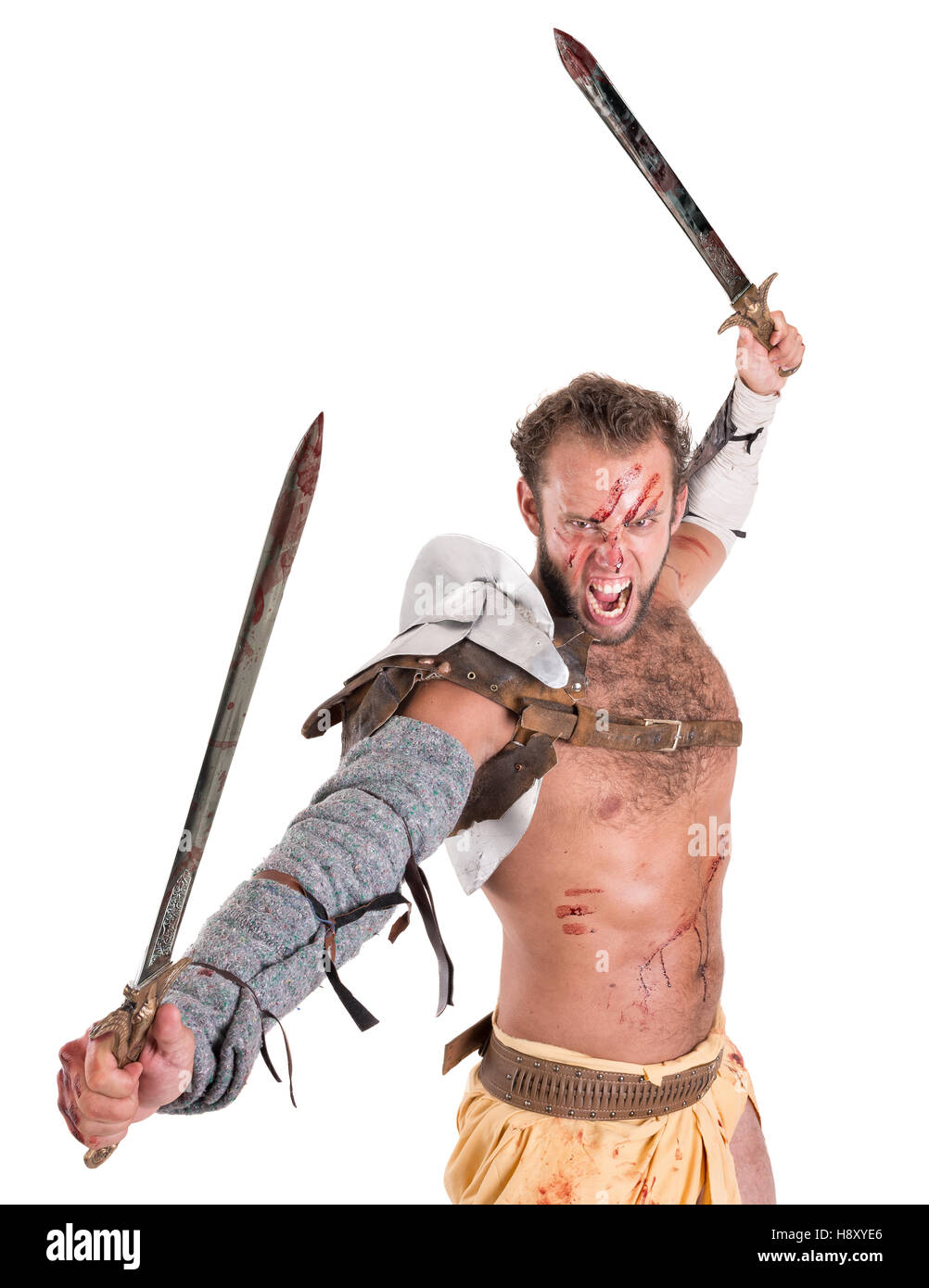 Alter Krieger oder Gladiator in einem weißen Hintergrund isoliert Stockfoto