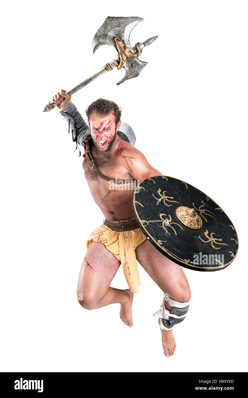 Alter Krieger oder Gladiator springen isoliert in einen weißen Hintergrund Stockfoto