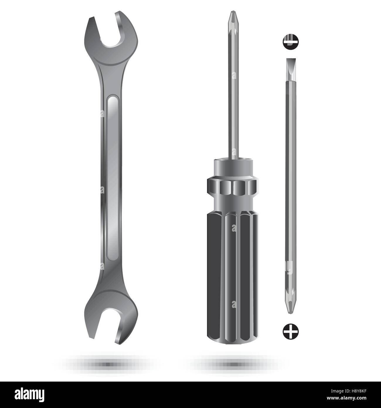 Werkzeug, Hand, Vektor, Reparatur, Schraubenschlüssel, Schraubendreher, Abbildung, isoliert, Hintergrund, Bausatz, weiß, Schraubenschlüssel, Haus, Satz, Verbesserung Stock Vektor