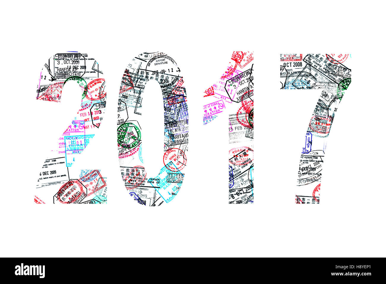 2017 auf weißem Hintergrund mit Passstempel geschrieben Stockfoto