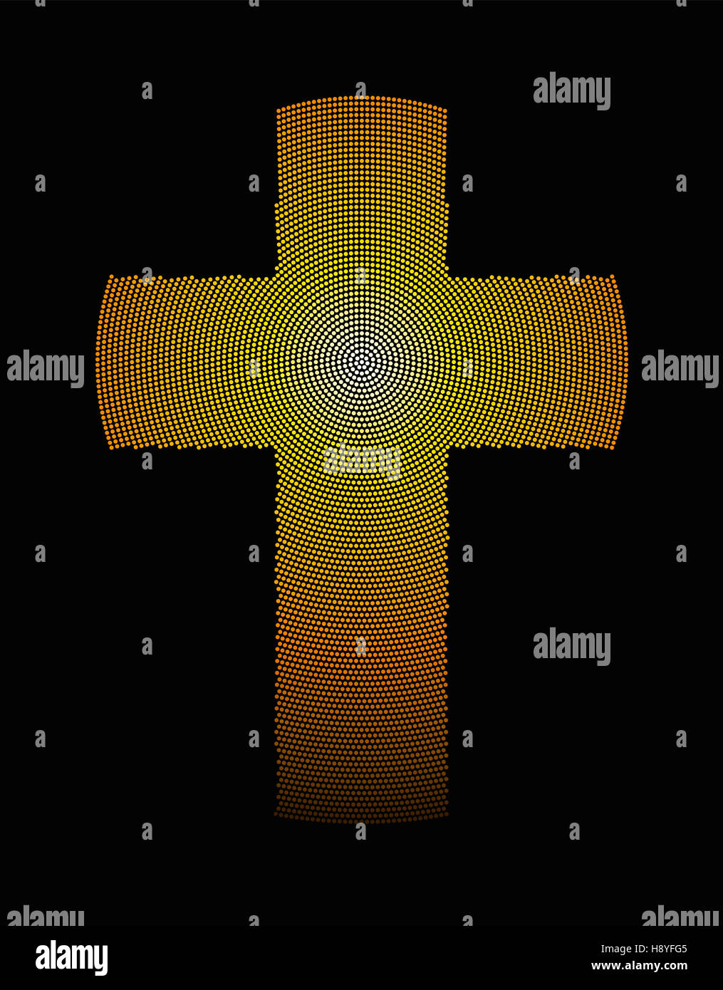 Goldenen lateinischen Kreuzes radial Punktmuster. Christliches Kreuz, Symbol des Christentums, genannt auch Roman Kreuz, erzeugt durch Punkte. Stockfoto