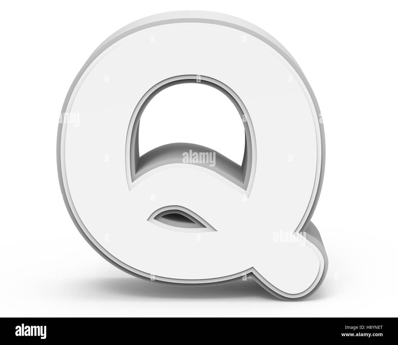 weiße Buchstaben Q, 3D-Rendering Grafik isoliert auf weißem Hintergrund Stockfoto