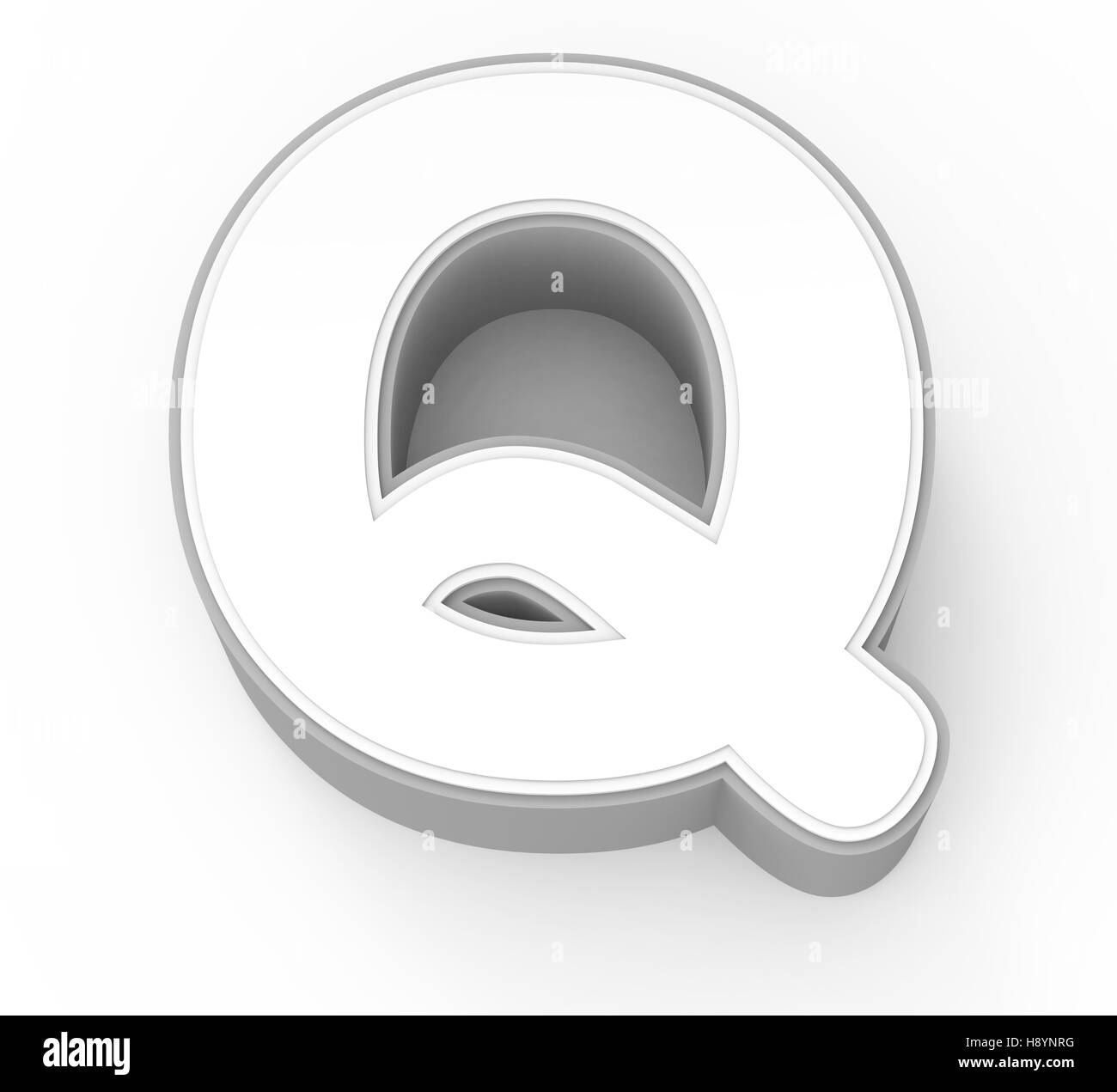 weiße Buchstaben Q, 3D-Rendering Grafik isoliert auf weißem Hintergrund Stockfoto